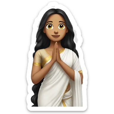 Light skin ;Black long hair wearing white saree praying infront a white temple sticker