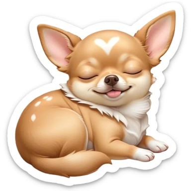 Cinematic Meme-Worthy Chubby Sleeping Fawn Chihuahua Portrait Emoji, Head resting peacefully with a contented smile, showcasing a delightfully chubby build and a luxuriously soft fawn coat, eyes shut in a serene nap, Simplified yet hilariously adorable features, highly detailed, glowing with a soft, drowsy light, high shine, relaxed and utterly lovable, stylized with an air of playful laziness, bright and heartwarming, soft glowing outline, capturing the essence of a comically sleepy Fawn Chihuahua, so meme-worthy it feels like it could instantly become the next viral sensation of adorable slumber! sticker