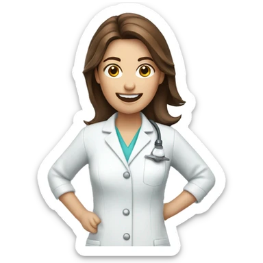 Brown haired female dentist holding drill sticker