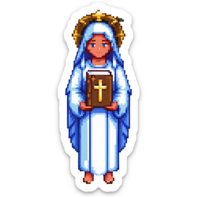 spiritual figure holding a Bible, pixel art style sticker