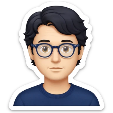 Man with wavy black hair in a comfortable navy blue sweater and glasses sticker
