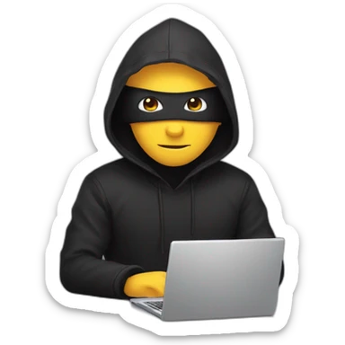 Developer with a black hood behind his computer and taping on his keyboard sticker