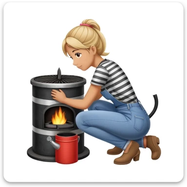 Metal cylindrical coal stove with a girl cleaning it while kneeling, seen from behind, wearing jeans and a striped shirt sticker