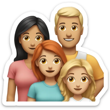 A family of 5 with the dad having black hair, the mom having brown hair, the oldest daughter having blonde hair, the second older daughter having red hair, the youngest boy having light red hair, and a white dog sticker