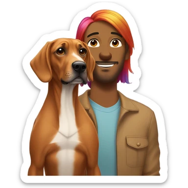 white male with long rainbow colored hair standing alongside a brown rhodesian ridgeback sticker