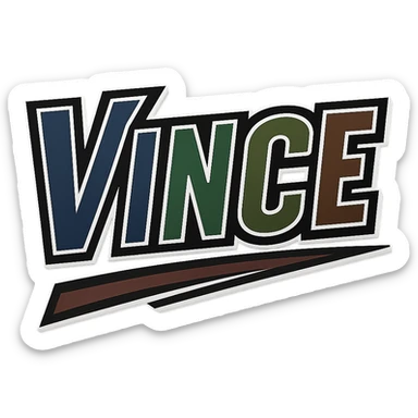 Vince name in masculine, modern, gradient font with precise Hungarian characters, dark outline, extra thick, prominent white border as in reference images, dynamic slanted underline, masculine color shades (blue, gray, burgundy, green, brown), 1000x1000 px, PNG, transparent background sticker