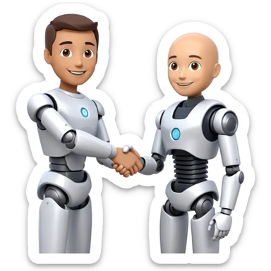Futuristic emoji: a man and a humanoid robot shaking hands in a friendly manner. The man is smiling, and the robot looks friendly. Minimalistic background, 3D style, realistic details. sticker