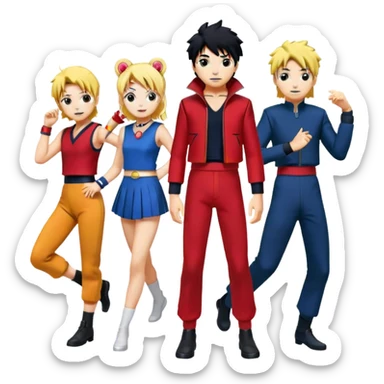 Icon for Anime Collage: Characters from Cowboy Bebop, Naruto, Bishoujo Senshi Sailor Moon and Kimetsu no Yaiba, each in their iconic poses and vibrant outfits, blended together with dynamic backgrounds. Transparent background. sticker