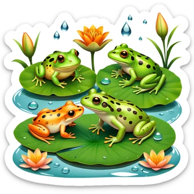 Icon for Amphibians: A colorful collage with various amphibians like a bright green frog sitting on a lily pad, a small salamander with orange spots, and a toad with bumpy skin. Water droplets around them and a pond in the background. Transparent background. sticker
