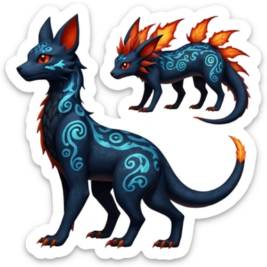 Shiny Fiery Dark Ugly Evil Realistic Glowing Eldritch Horror Cool Edgy Badass Emo Demonic Batty Dusky Ethereal Punky Aural Fluorescent Bioluminescent Hideous Canine-Litten-Amaura-Salandit-Noibat-Flareon-Fakémon-fusion (full body) with intricate pattern markings sticker