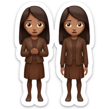 =Cartoon emoji of a woman with long, loose dark hair, wearing chocolate-colored clothes. Full-height, standing, nervous, unsure, worried expression. Slightly hunched, anxious posture. Smooth, simple, stylized sticker