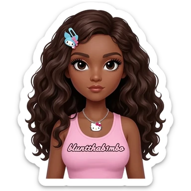 Long giant lashes, my melody hairclip, Doll faced shaped, hello kitty necklace, bimbo, black doll eyes, barbie, dark brown skin with long curls dark brown hair, light pink bimbo sleeveless shirt says "bluntthab1mbo", big breast sticker