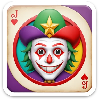 1 poker card, perfectly squared card, with crazy colorful human jolly joker inside, star symbol with a "J" sticker
