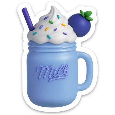 Change the image to a blueberry milkshake theme using cool blue and purple tones. Keep the mason jar, whipped cream, rainbow sprinkles, and blueberry on top. Remove the background. sticker
