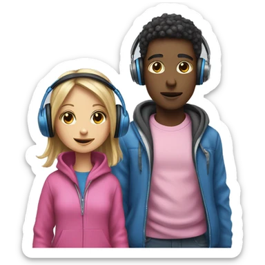 A BOY IN BLU CLOTES AND A GIR I PINK CLOTHE WEARING HEADPHONES sticker