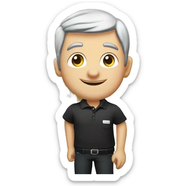 Technician with grey hair wearing a black polo shirt installs a TV onto the wall of an exhibition stand sticker