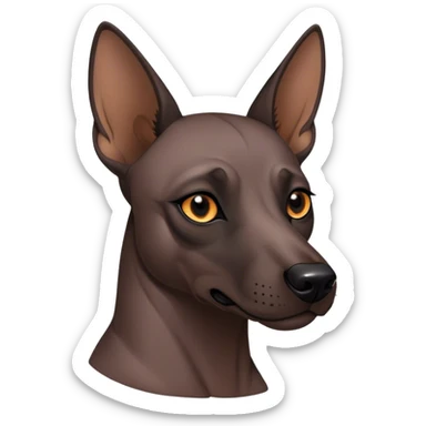 Cinematic Noble Xoloitzcuintle dog Portrait Emoji, Poised and regal, with a sleek, muscular build and smooth, hairless ebony skin accented by subtle wrinkles, deep-set soulful dark eyes, Simplified yet sharp and sophisticated features, highly detailed, glowing with a soft, dignified glow, high shine, intelligent and loyal, stylized with an air of ancient grace, focused and attentive, soft glowing outline, capturing the essence of a watchful and confident guardian, so majestic it feels as though it could stride out of the screen with effortless authority! sticker