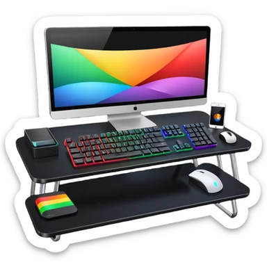 rgb gaming computer on black desk with a black keyboard and mouse sticker