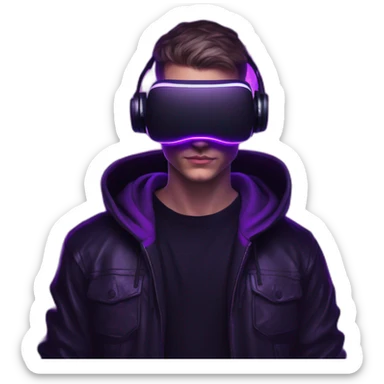 Russian young man wearing a black hoodie with "keesy" letters on it and VR headset in a cyberpunk VR environment with violet neon lighting. sticker