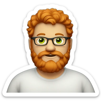 A red-haired fat guy with green eyes and withglasses and a beard sticker