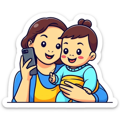 mom and baby making funny faces taking selfie together sticker