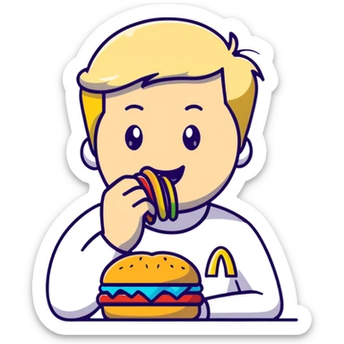 Blonde man with white skin and blue eyes eating a McDonald's hamburger, LGBT pride symbol sticker
