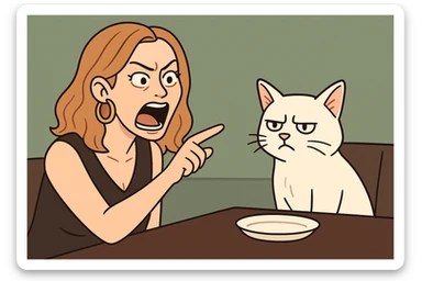 Woman yelling at cat meme, woman on left yelling, white cat on right sitting at table, cartoon style sticker
