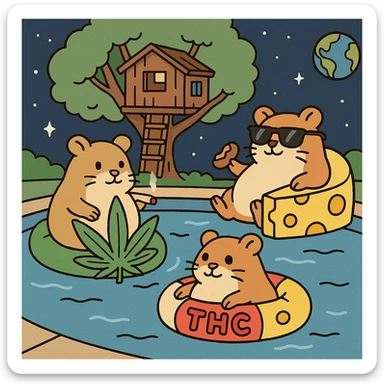 Discord server icon, square format, summer pool cookout scene with up to 3 hamsters floating on pool toys, weed leaf, cheese, and THC theme, near a treehouse, in space. Flat toon style, soft but colorful, bold outlines, nostalgic, fun, inviting, summer party vibe, clear composition, less vibrant colors, designed to look good even at tiny size. sticker