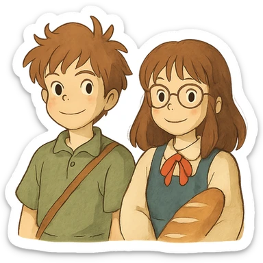 Mac and Chesser as ghibli-inspired characters, soft colors, whimsical sticker