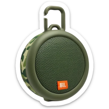 Ultra minimal JBL Clip 4 speaker with just a few green camouflage spots, iOS emoji style sticker