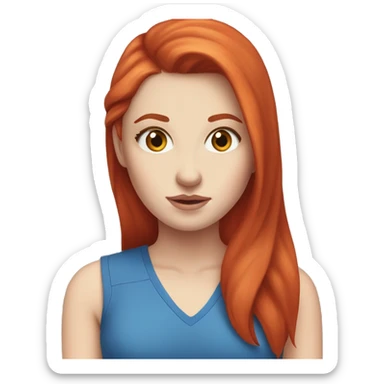 Pale skinned white girl With straight red hair and blue eyes wearing a Ferrari shirt and rolling her eyes sticker