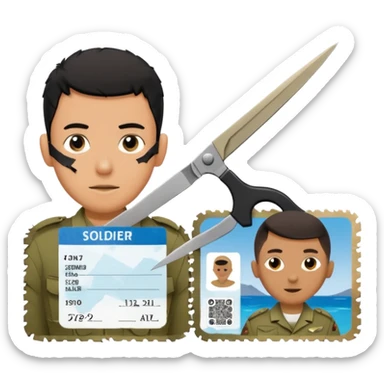 Floating black Scissors cutting in half an idf soldier ID card in 2 parts .hyper realistic sticker