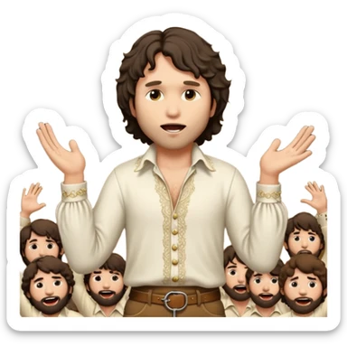 solarpunk realistic ultra HD - unkempt, shaggy with big sideburns Jim Morrison in an ivory Victorian shirt, in an ecstatic dramatic pose, sings on stage sticker