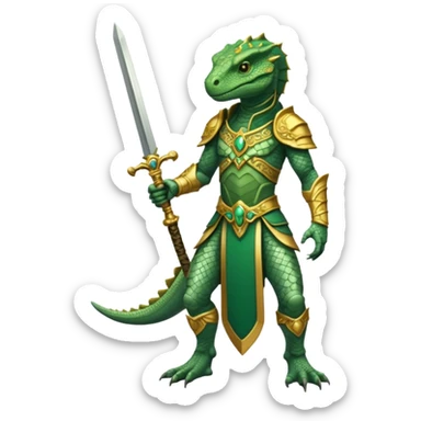 full body reptilian humanoid in ancient outfit holding a gold sword ornate details sticker