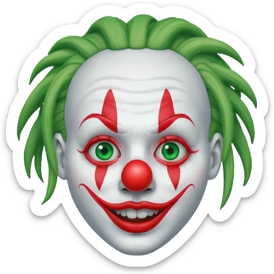 White face clown, with green dreadlocks, red lips, red ball nose, and blue eye paint sticker