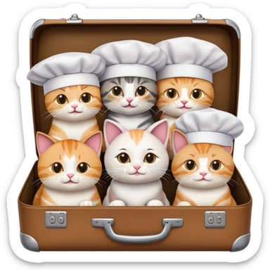 a group of cats, some wearing chef hats, all sitting together inside a big suitcase, emoji style sticker