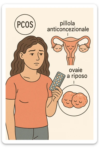 Donna con pcos che prende la pillola, e la pillola mette a riposo le ovaie in italiano sticker