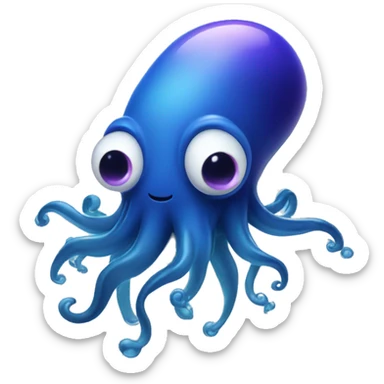 An oblong floating squid in dark blue gradient with happy eyes, a slight violet tint on te end of the tenacles, with bubbles floating around sticker