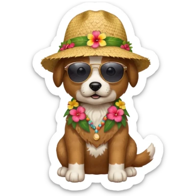 dog with sunglasses and straw hat, hawaii shirt sticker