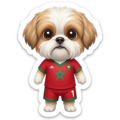 white and light brown shih zhu wearing a morocco soccer jersey v neck 2026 work cup sticker