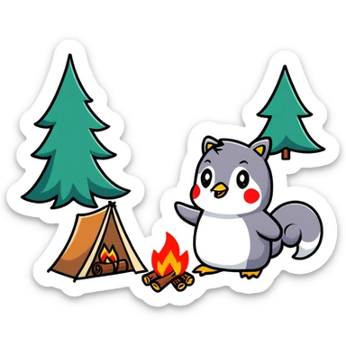 Pinguin und Eichhörnchen beim Campen, Lagerfeuer, cartoon sticker sticker