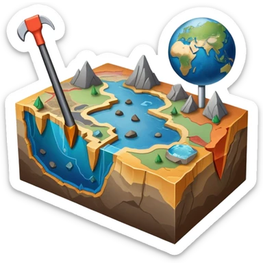 An icon featuring a crowbar and a geological map, and layers of Earth’s crust, symbolizing geology. The design includes mineral samples, fossils, and tectonic plates, representing the study of Earth’s structure and natural processes. Transparent background highlights geological exploration sticker