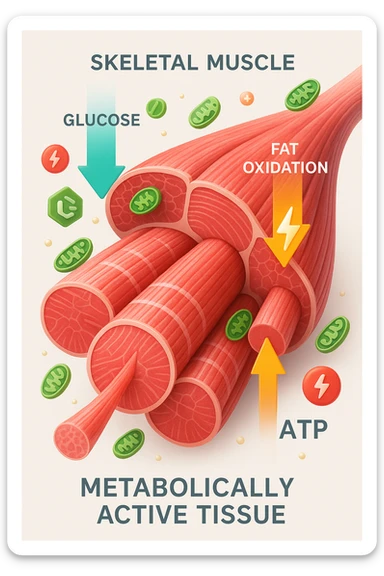 a highly detailed cross-section of human skeletal muscle fibers, shown in vibrant red and pink tones, with visible striations and realistic texture. Glowing arrows and animated icons represent active metabolic processes—such as glucose uptake, fat oxidation, and ATP production—occurring within the muscle tissue. Surrounding the muscle, floating symbols for mitochondria and energy highlight its metabolic activity. The background is clean and clinical, with subtle labels and infographics explaining that muscle is a metabolically active tissue. The overall style is modern, scientific, and visually engaging, suitable for educational or medical use. in italiano sticker