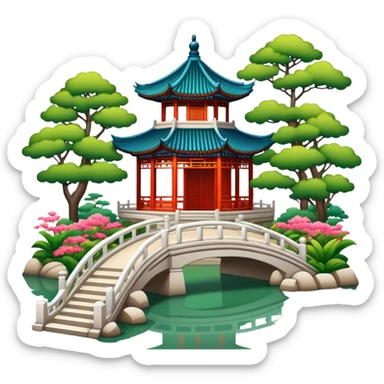 Suzhou classical garden with pavilion, simplified emoji style with bold outlines and bright colors, cartoon style traditional Chinese garden sticker