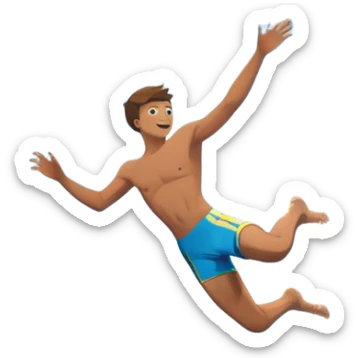 A diver mid-air, plunging from a high cliff into the sparkling ocean below. The background features rugged cliffs, clear blue water, and a bright sky, emphasizing the excitement and danger of the sport with a sense of freedom and adventure. sticker