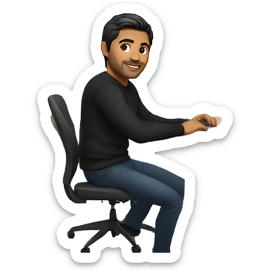     memoji of a man with a laptop in front, apple-style,modern,dark hair,black sweater,computer in hand, indian brown skin, sitting on his desk sticker