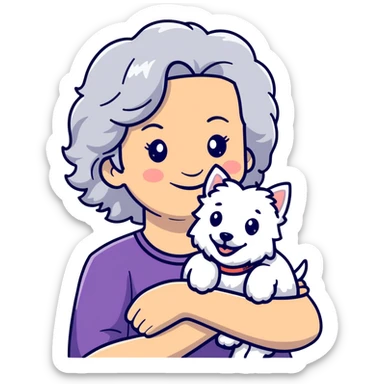 50-year-old woman with silver curly hair, smiling, with a Westie dog, cartoonish sticker sticker