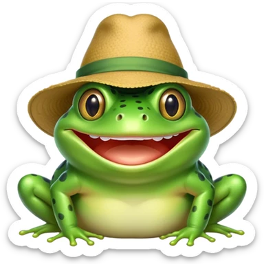 a frog with a hat smiling so big he's teeth are on his hat sticker