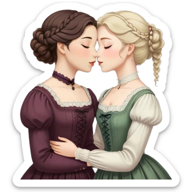 eyes closed lesbian kiss between modest Victorian women with different hair colors wearing dark outfits sticker