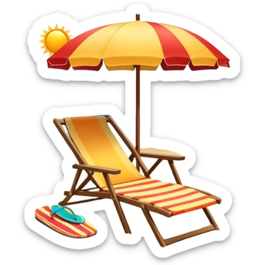 Icon for Beach Tourism: a sunny beach with the sea and waves, a lounge chair, a sun umbrella, and flip-flops on the sandy shore. The background should be a clear, vibrant ocean view with the sun shining brightly. Transparent background. sticker